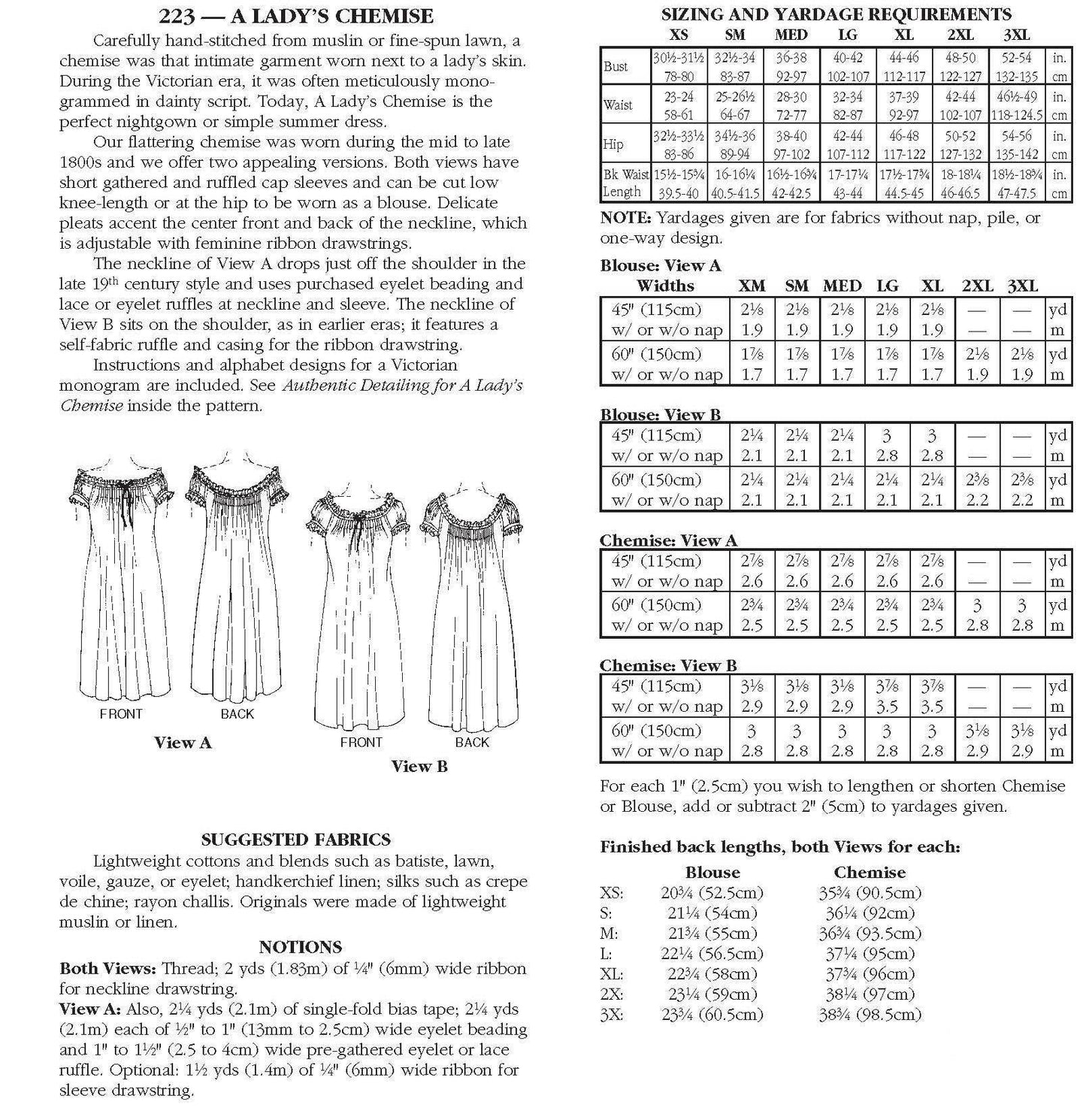 223 A Lady's Chemise - Sewing Pattern