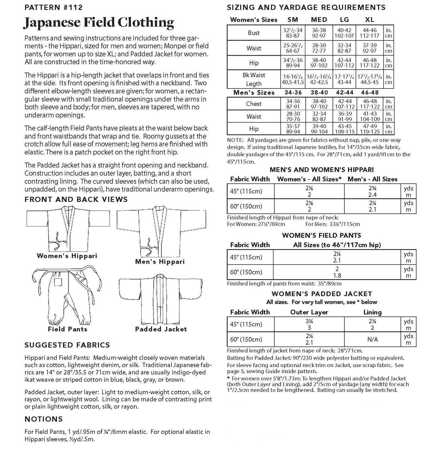 Japanese Field Clothing Sewing Pattern