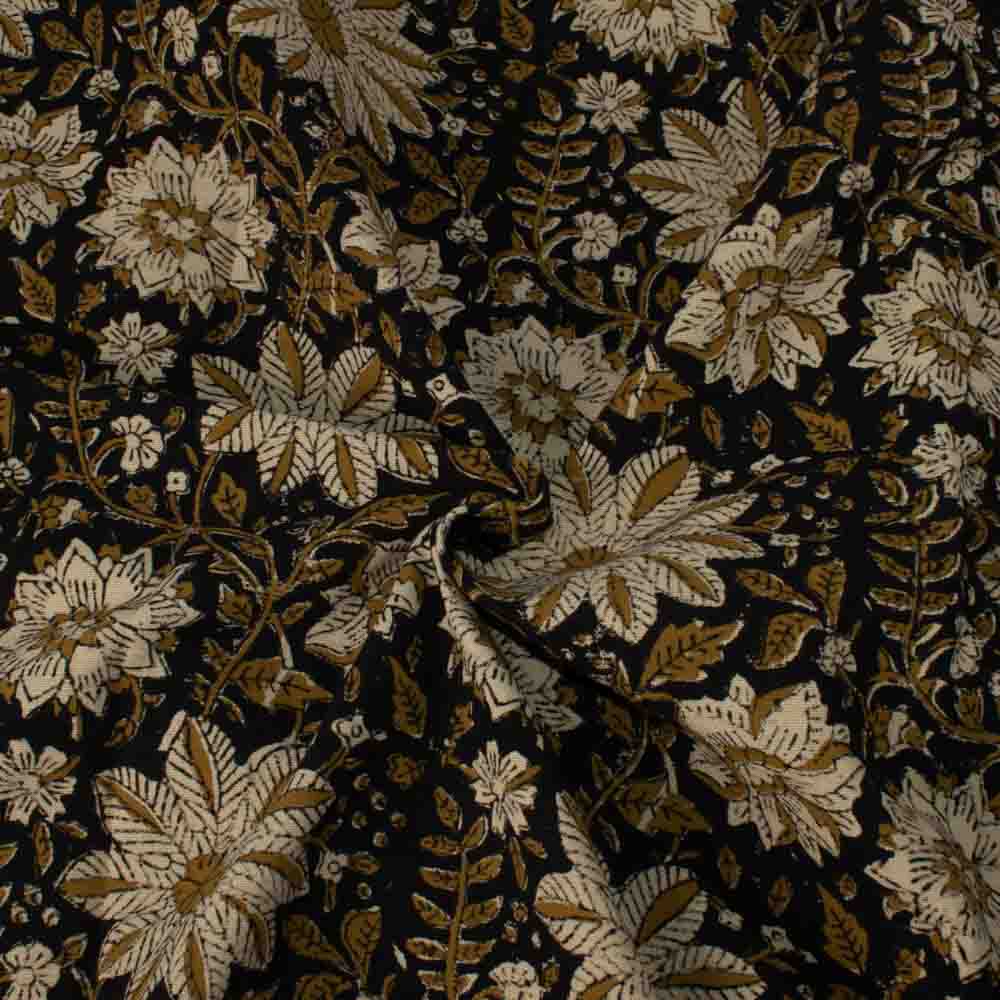 Black and Natural Floral Block Print Cotton