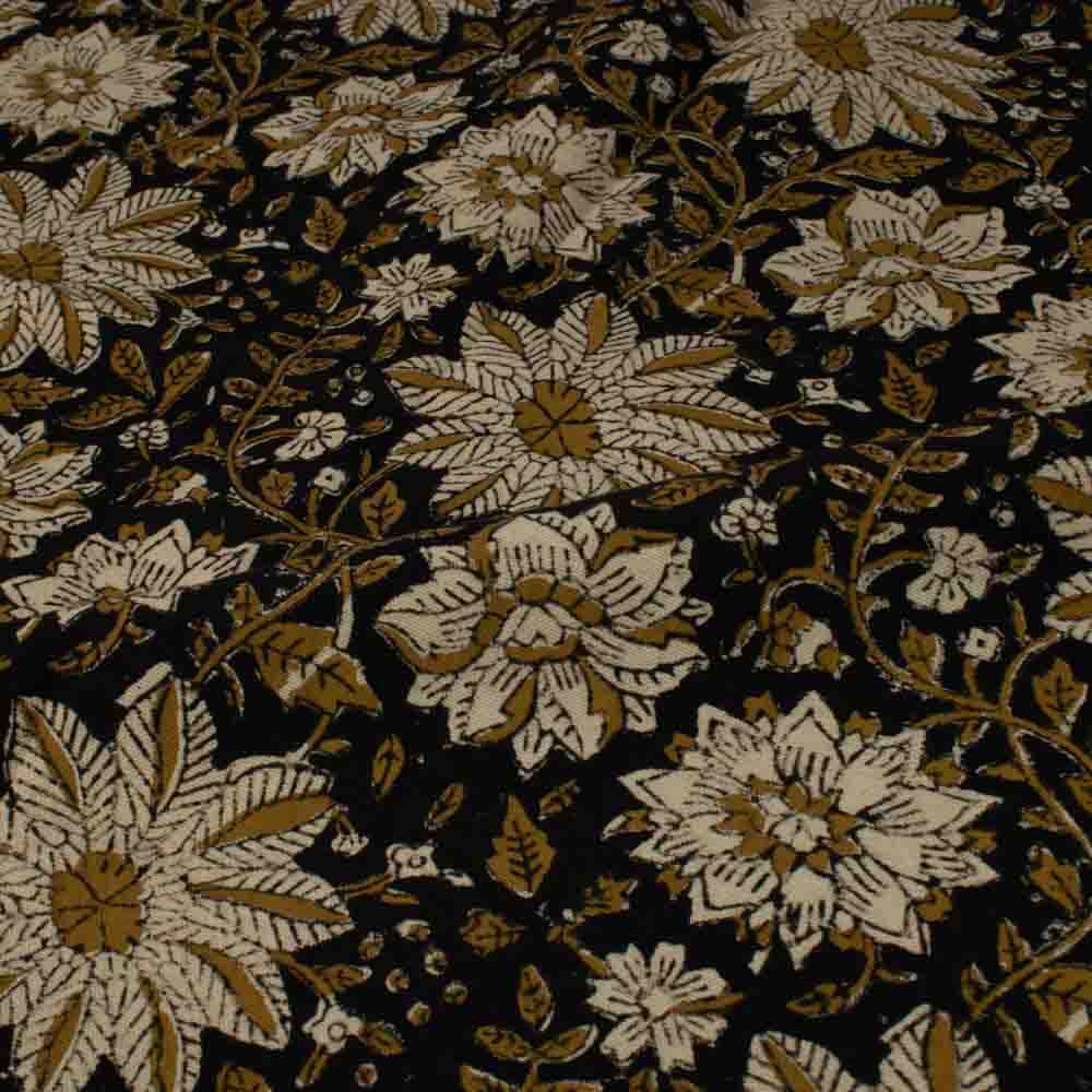 Black and Natural Floral Block Print Cotton