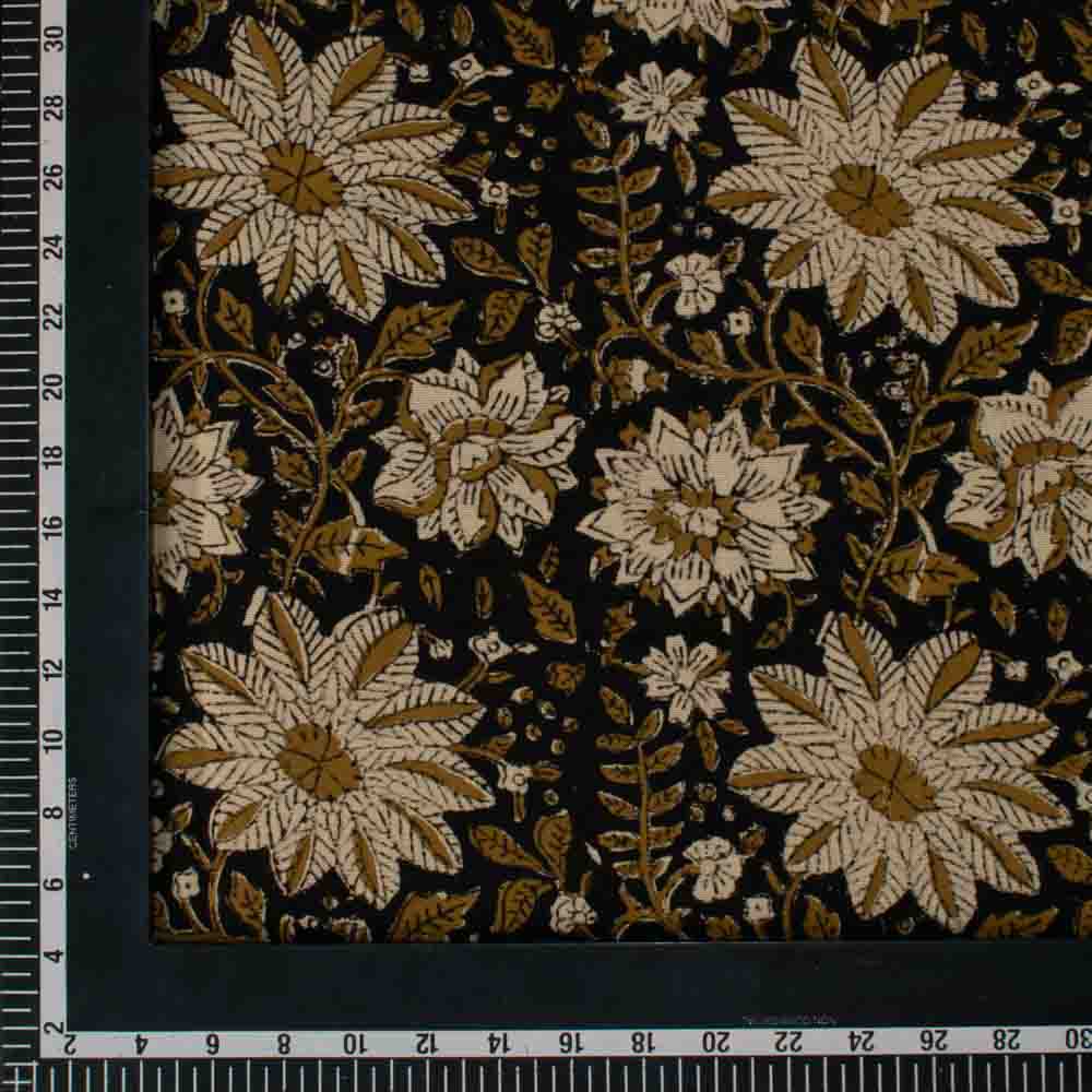 Black and Natural Floral Block Print Cotton