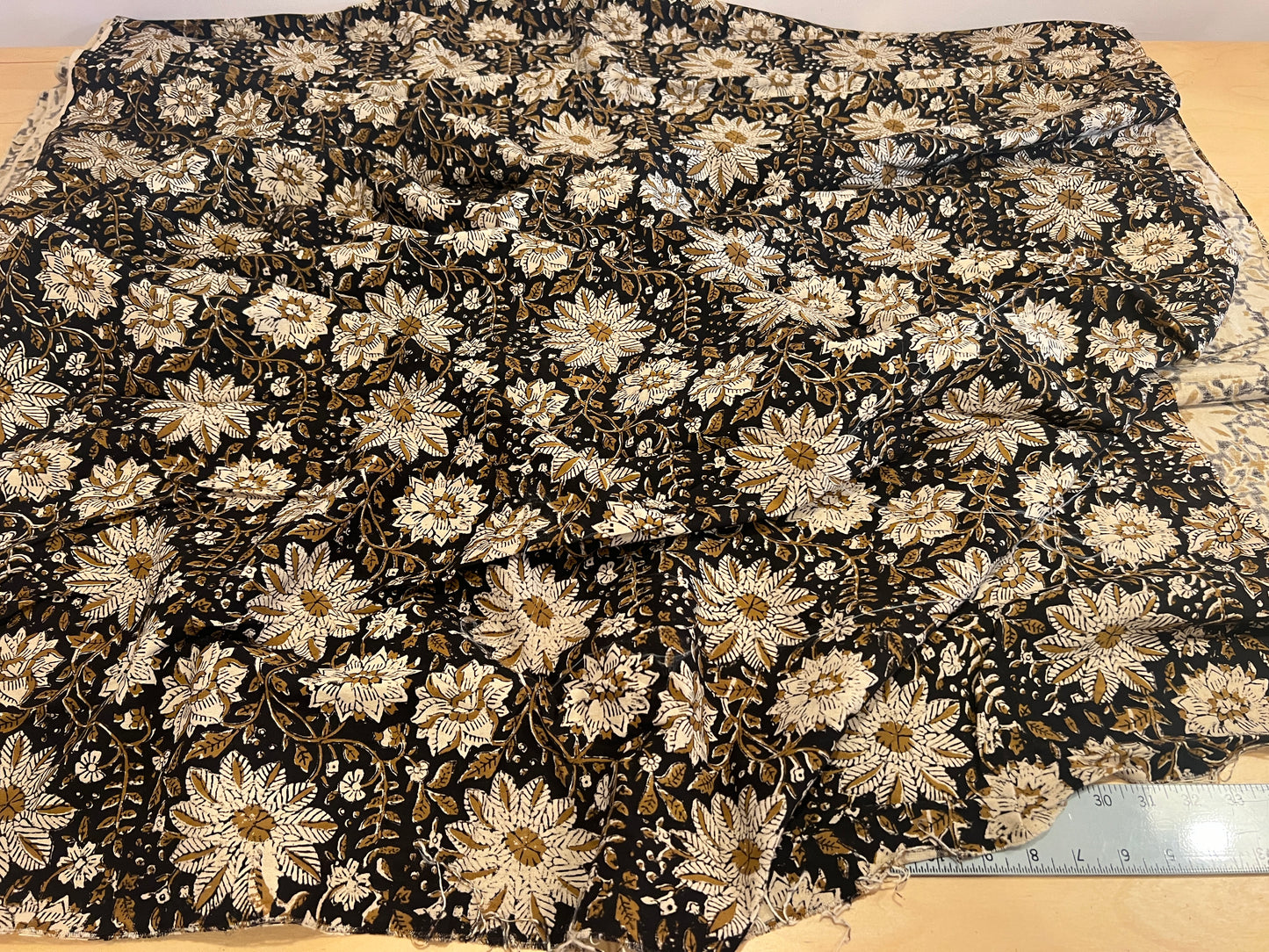 Black and Natural Floral Block Print Cotton