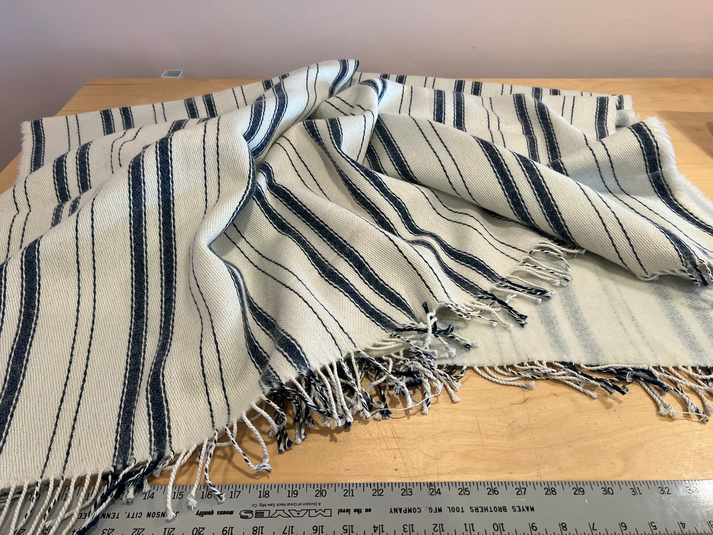 Indigo and White Stripe Wool Blanket