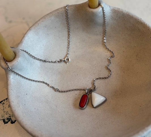 Oval Red + Triangle White Coral Pendants on Silver Chain