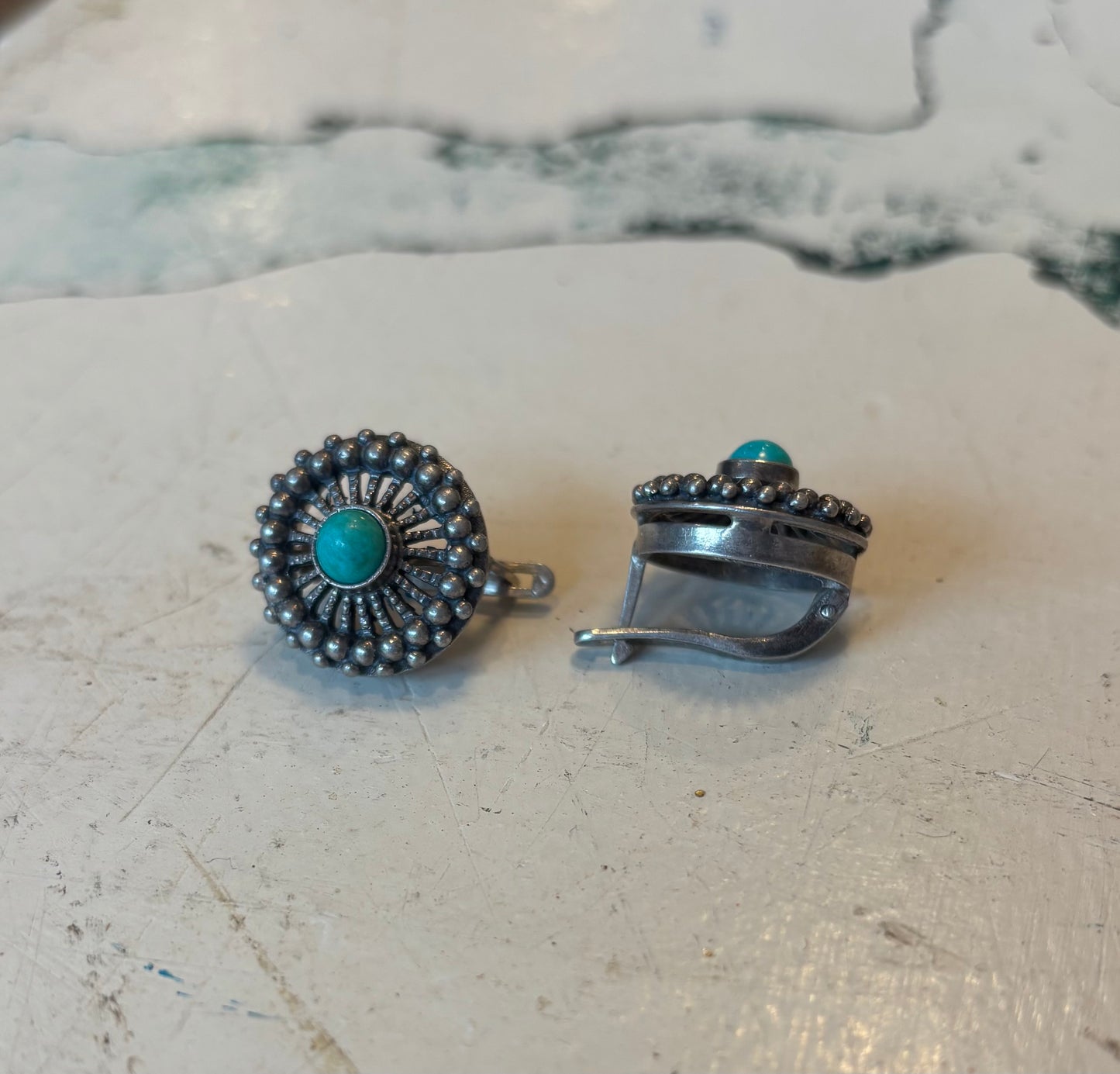 Turquoise and Silver Pinwheel Earrings