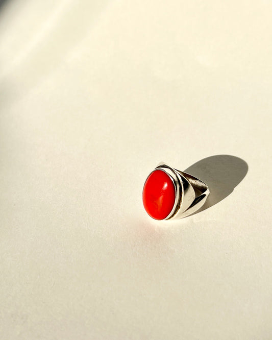 large red coral silver ring