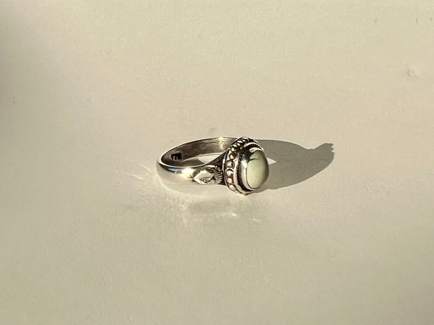 white cabochon silver ring