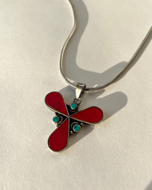 turquoise and red coral silver pendent necklace