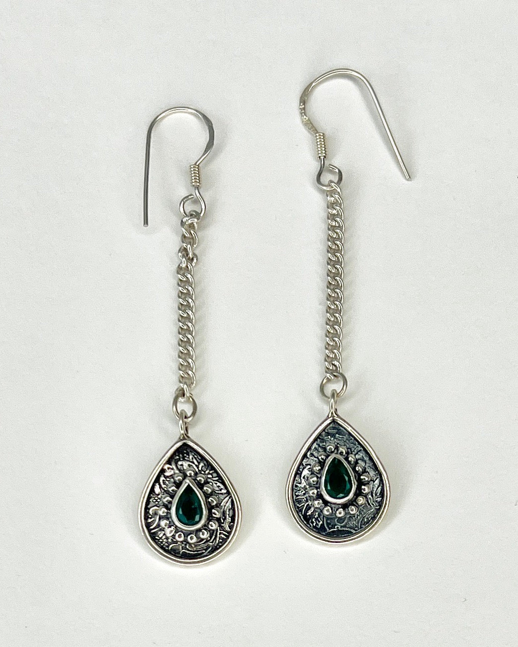 embossed silver with green tourmaline earrings