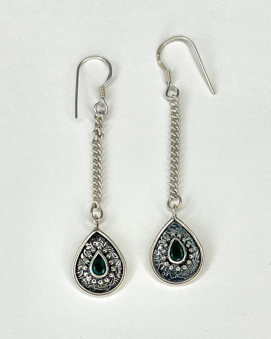 embossed silver with green tourmaline earrings