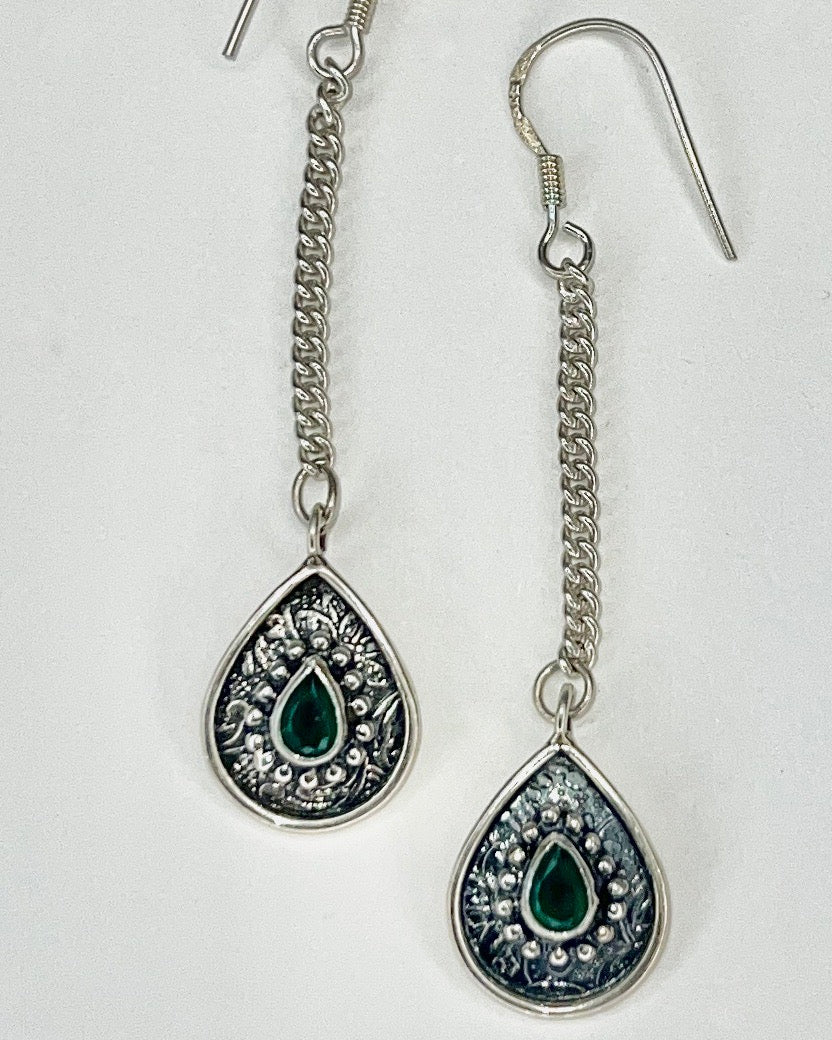 embossed silver with green tourmaline earrings