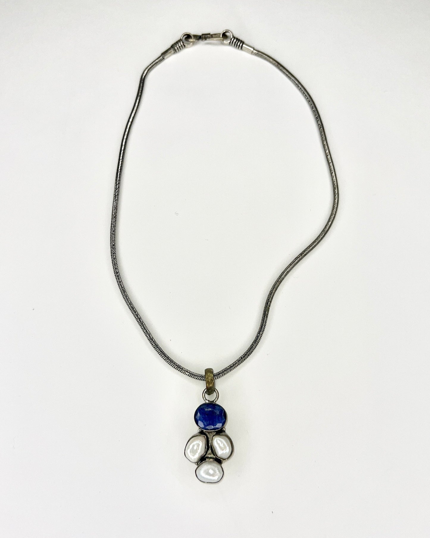 blue lazurite and pearl silver pendent necklace