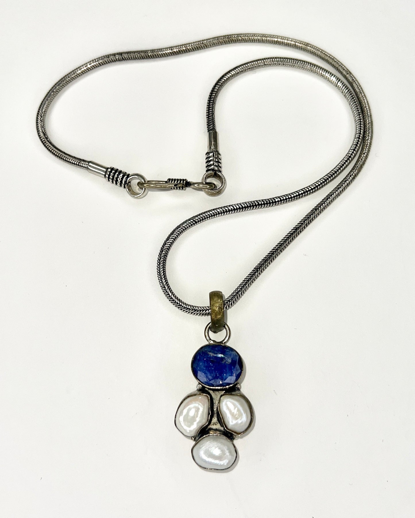 blue lazurite and pearl silver pendent necklace