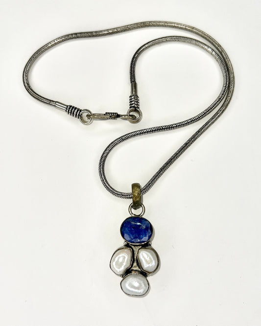 blue lazurite and pearl silver pendent necklace