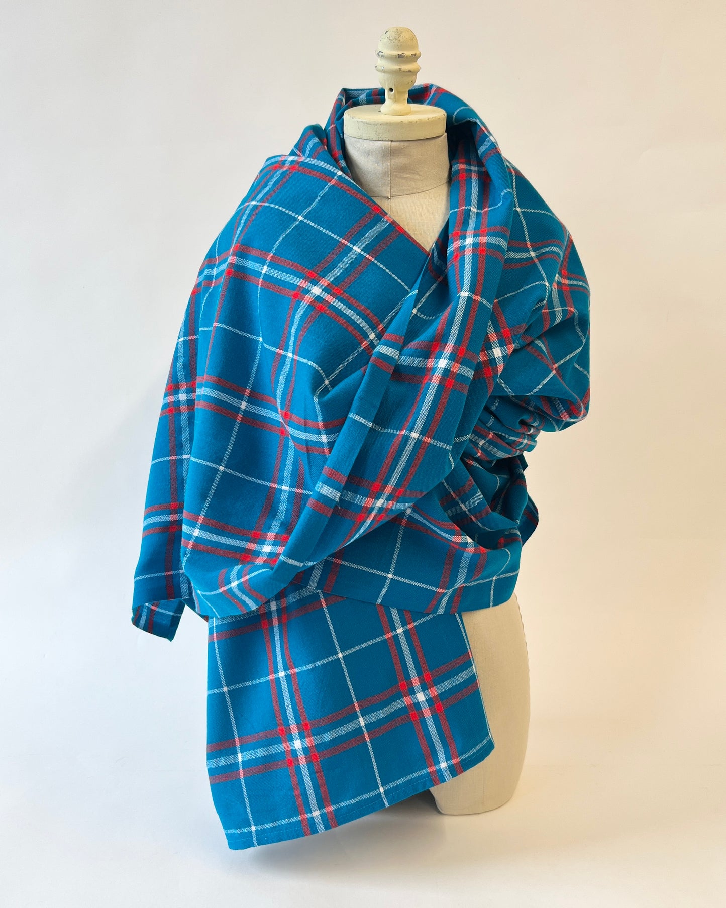 electric blue, white, and red plaid Masaai Shuka