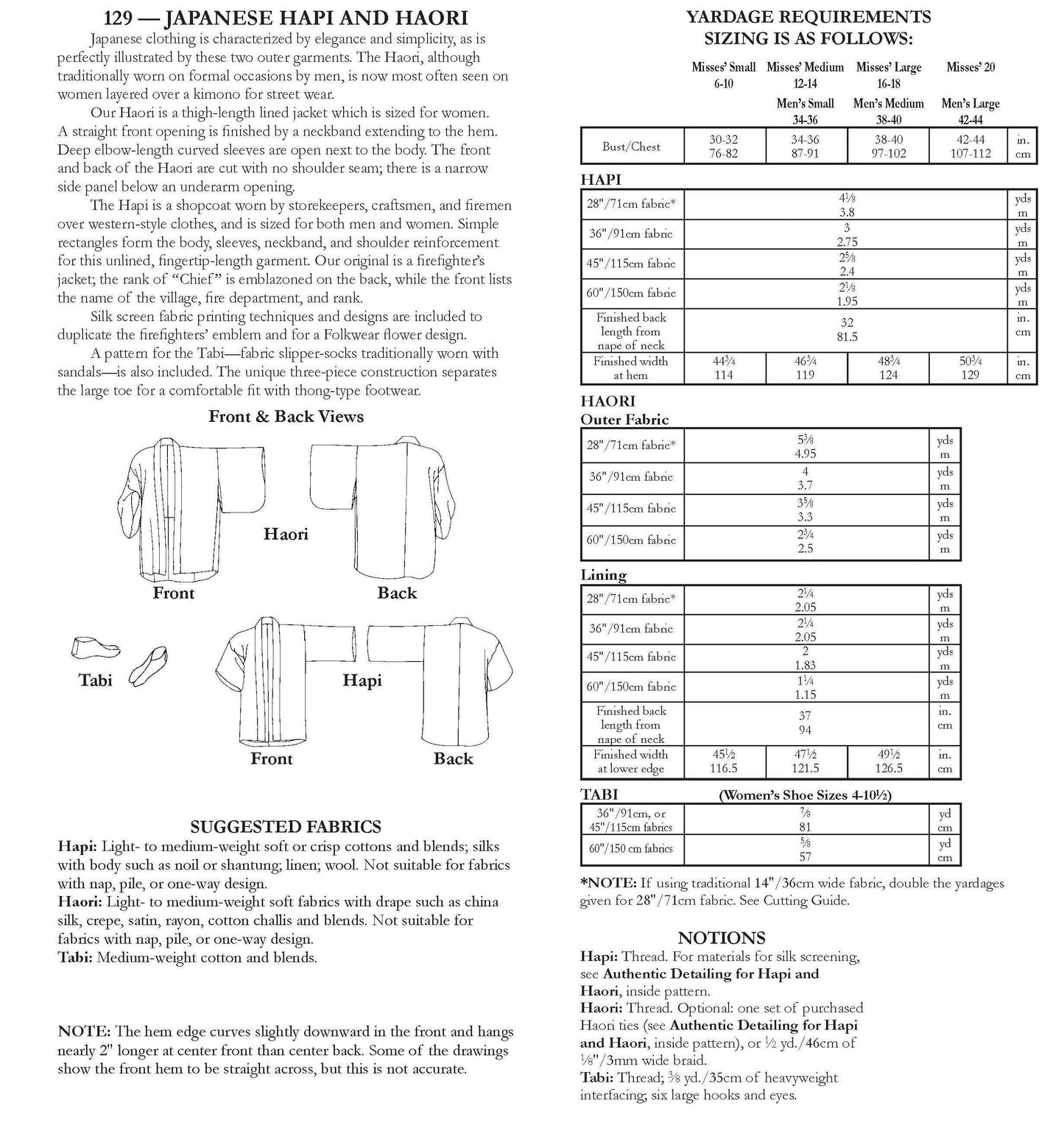 129 Japanese Hapi & Haori - Sewing Pattern