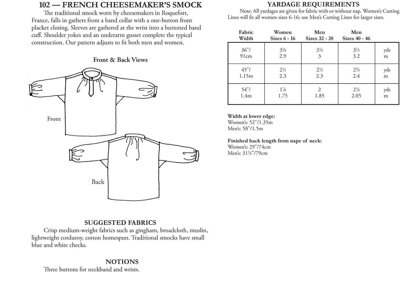 French Cheesemaker's Smock Sewing Pattern