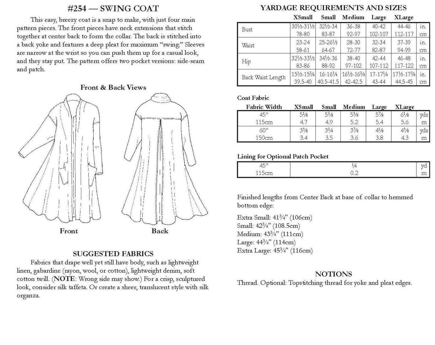 254 Swing Coat - Sewing Pattern