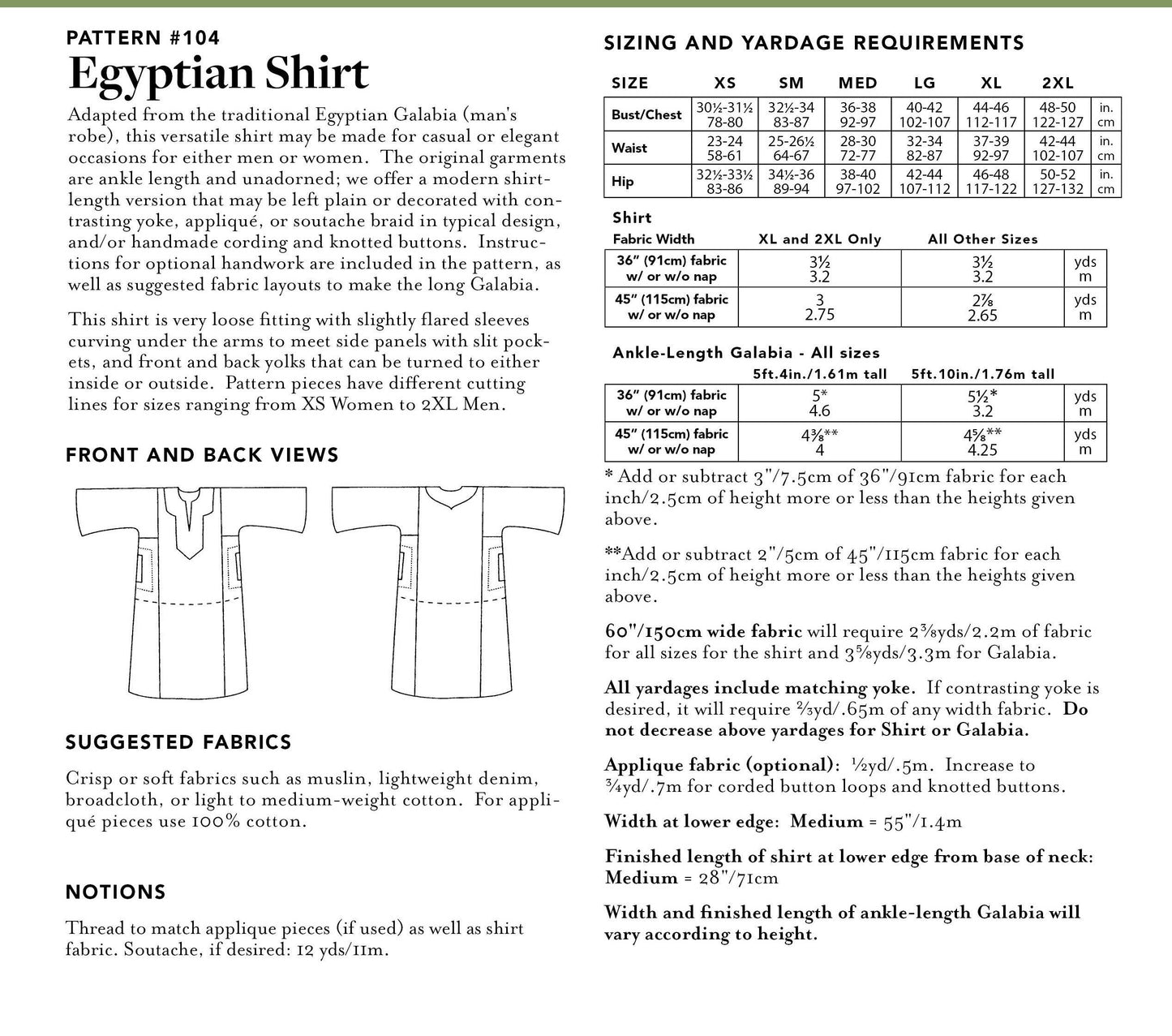 104 Egyptian Shirt - Sewing Pattern